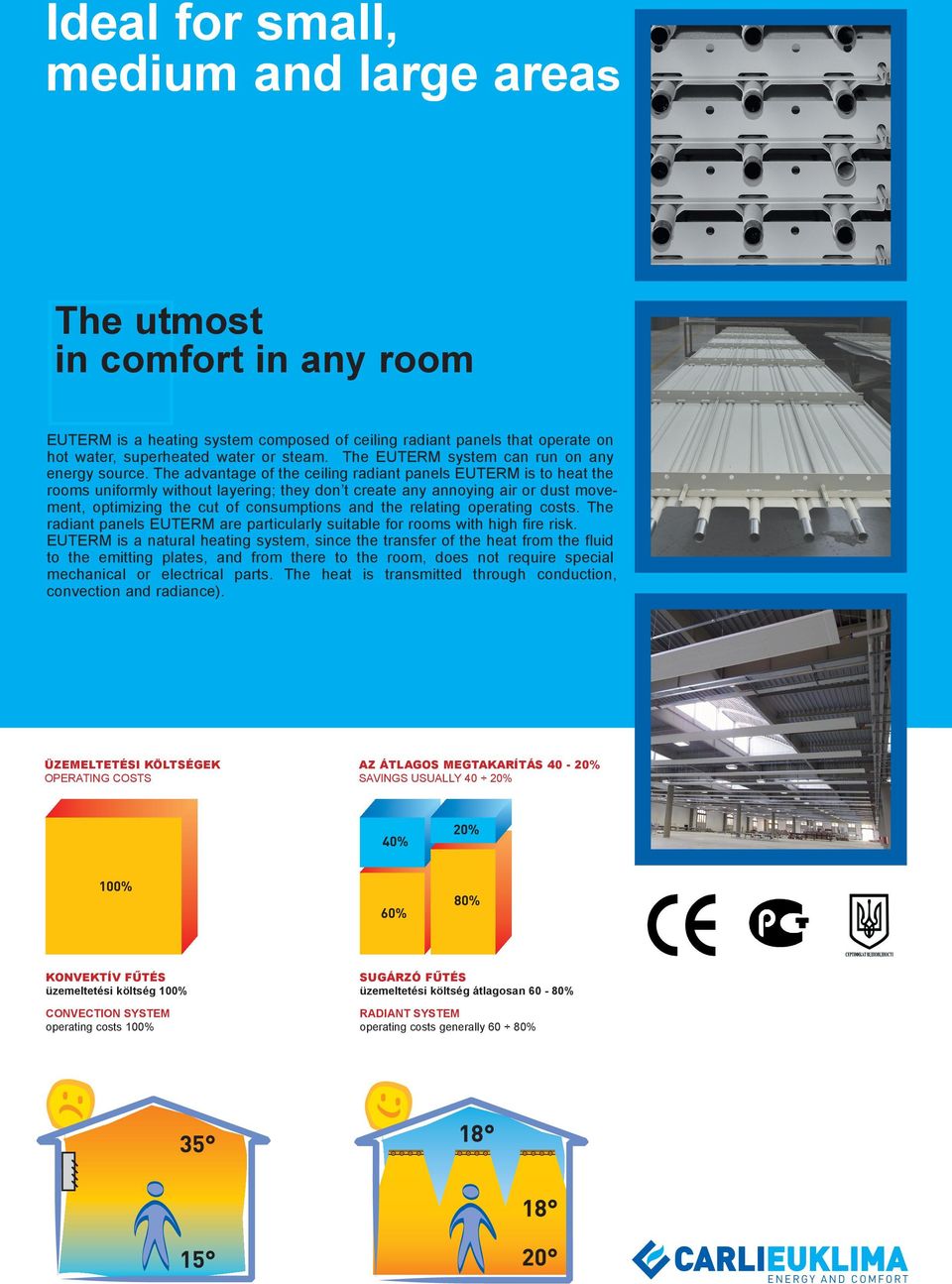 The advantage of the ceiling radiant panels EUTERM is to heat the rooms uniformly without layering; they don t create any annoying air or dust movement, optimizing the cut of consumptions and the