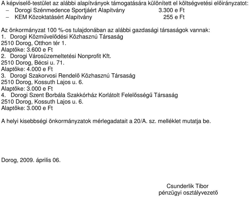 Alaptıke: 3.600 e Ft 2. Dorogi Városüzemeltetési Nonprofit Kft. 2510 Dorog, Bécsi u. 71. Alaptıke: 4.000 e Ft 3. Dorogi Szakorvosi Rendelı Közhasznú Társaság 2510 Dorog, Kossuth Lajos u. 6.