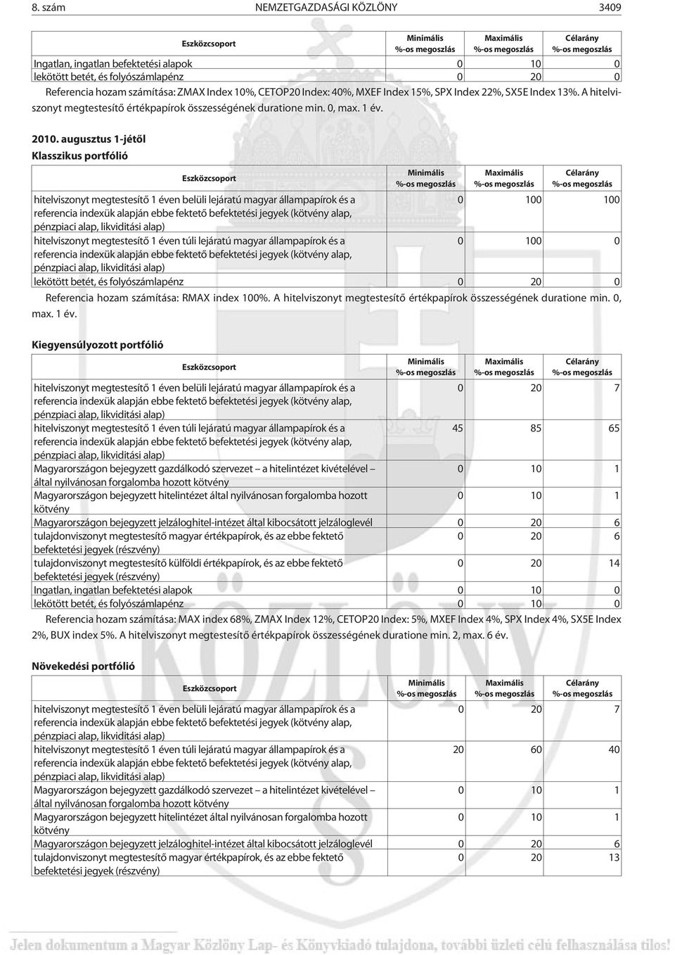 A hitelviszonyt megtestesítõ értékpapírok összességének duratione min. 0, max. 1 év. 2010.