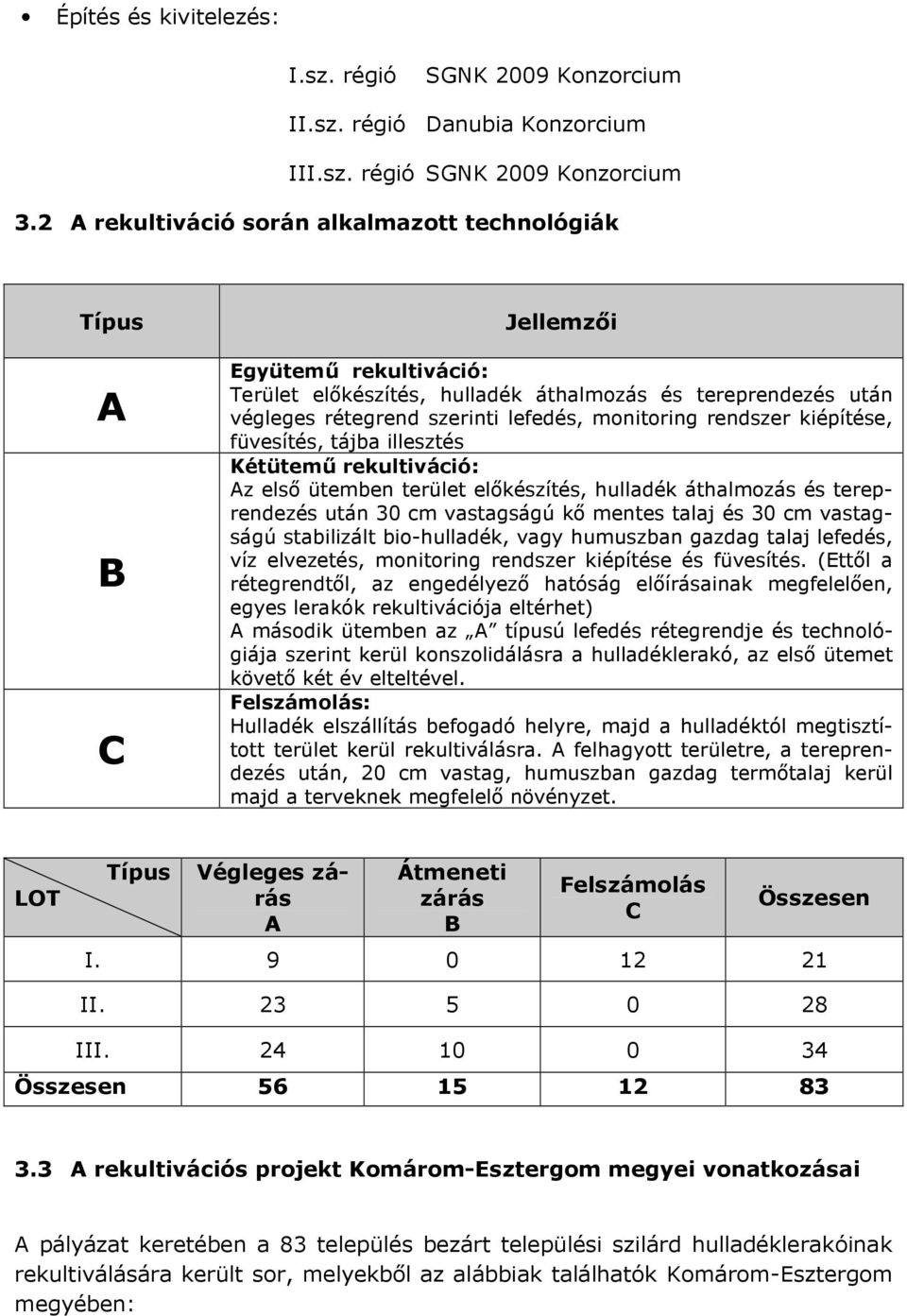 monitoring rendszer kiépítése, füvesítés, tájba illesztés Kétütemű rekultiváció: Az első ütemben terület előkészítés, hulladék áthalmozás és tereprendezés után 30 cm vastagságú kő mentes talaj és 30