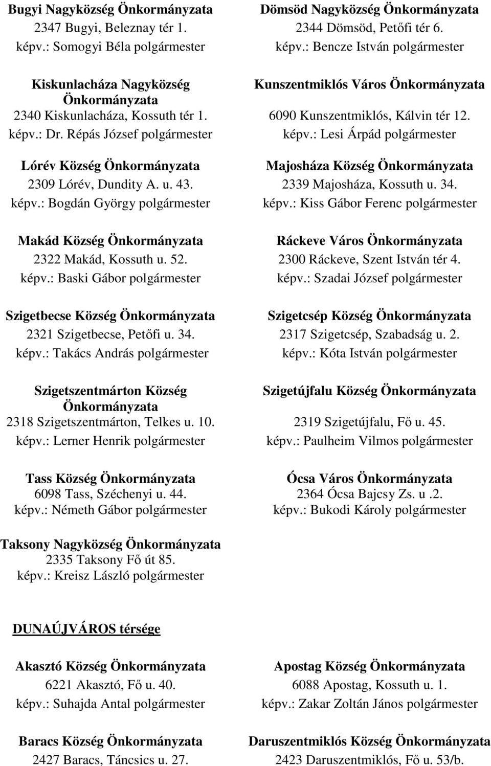 Répás József polgármester képv.: Lesi Árpád polgármester Lórév Község Önkormányzata Majosháza Község Önkormányzata 2309 Lórév, Dundity A. u. 43. 2339 Majosháza, Kossuth u. 34. képv.: Bogdán György polgármester képv.