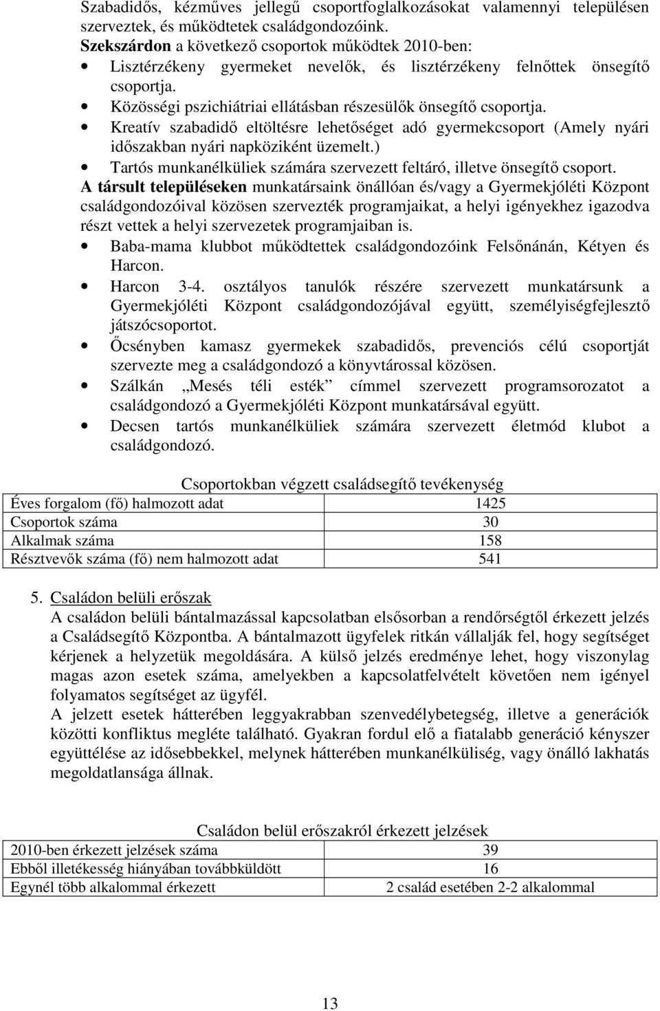 Kreatív szabadidő eltöltésre lehetőséget adó gyermekcsoport (Amely nyári időszakban nyári napköziként üzemelt.) Tartós munkanélküliek számára szervezett feltáró, illetve önsegítő csoport.