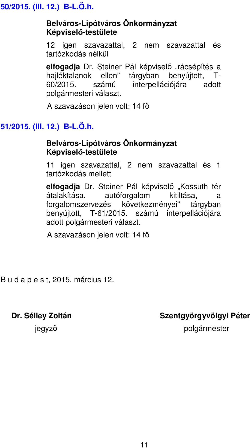 12.) B-L.Ö.h. 11 igen szavazattal, 2 nem szavazattal és 1 elfogadja Dr.