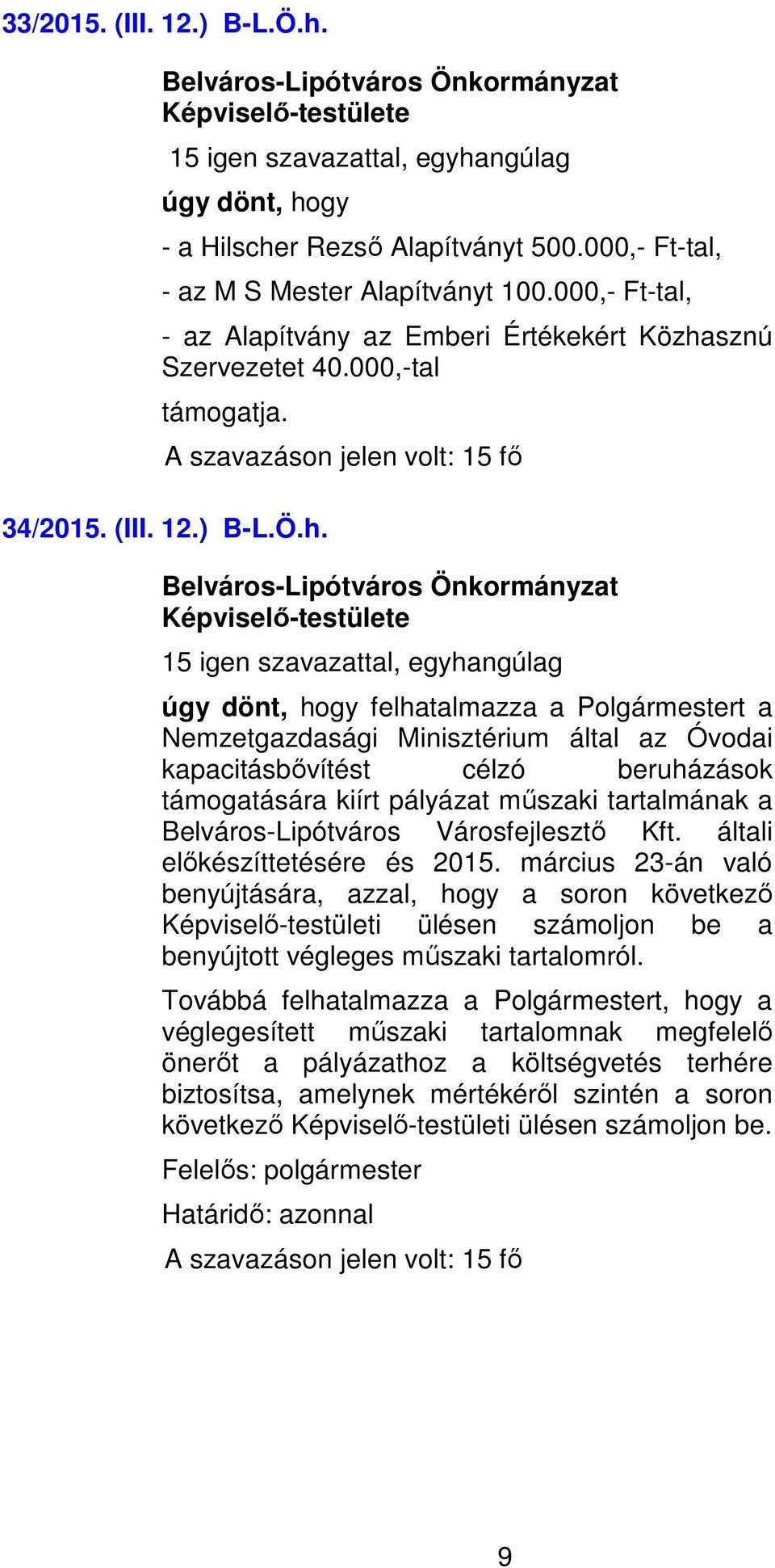 sznú Szervezetet 40.000,-tal támogatja. 34/2015. (III. 12.) B-L.Ö.h.