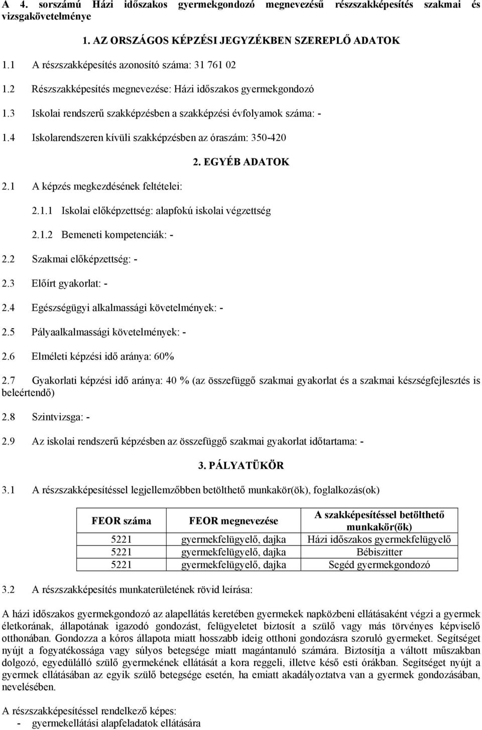 4 Iskolarendszeren kívüli szakképzésben az óraszám: 350-420 2.1 A képzés megkezdésének feltételei: 2. EGYÉB ADATOK 2.1.1 Iskolai előképzettség: alapfokú iskolai végzettség 2.1.2 Bemeneti kompetenciák: - 2.