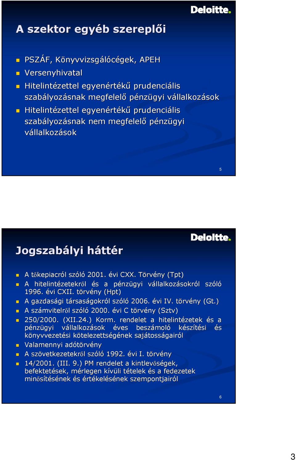 Törvény (Tpt) A hitelintézetekr zetekről és s a pénzp nzügyi vállalkozv llalkozásokról l szóló 1996. évi CXII. törvt rvény (Hpt( Hpt) A gazdasági gi társast rsaságokról l szóló 2006. évi IV.