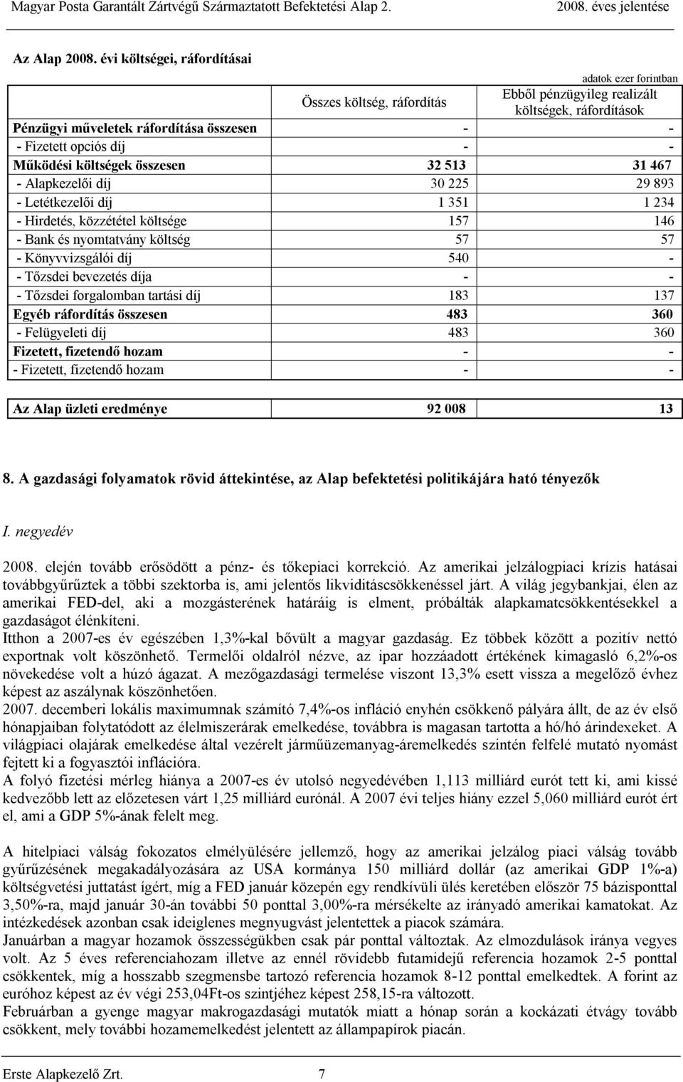 Működési költségek összesen 32 513 31 467 - Alapkezelői díj 30 225 29 893 - Letétkezelői díj 1 351 1 234 - Hirdetés, közzététel költsége 157 146 - Bank és nyomtatvány költség 57 57 - Könyvvizsgálói