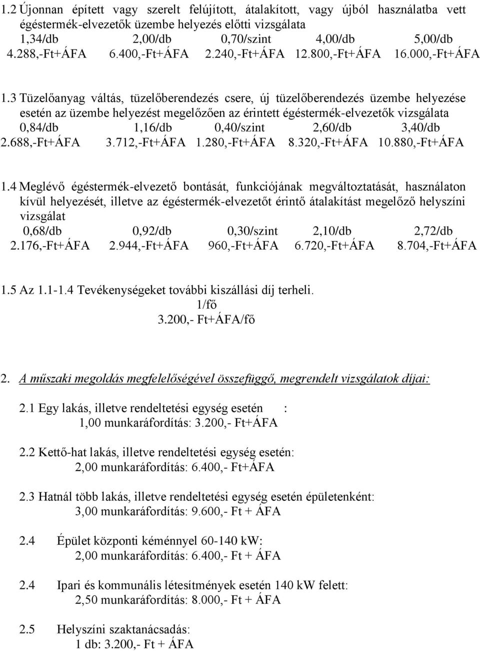 3 Tüzelőanyag váltás, tüzelőberendezés csere, új tüzelőberendezés üzembe helyezése esetén az üzembe helyezést megelőzően az érintett égéstermék-elvezetők vizsgálata 0,84/db 1,16/db 0,40/szint 2,60/db