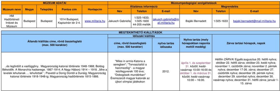 hu szolgáltatások Megrendelés Név Telefon E-mail Név Telefon E-mail Bajáki Bernadett 1/325-1633 bajaki.bernadett@mail-militaria-hu Állandó kiállítás címe, rövid összefoglaló (ma.