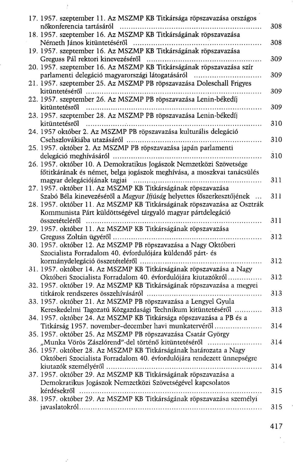 1957. szeptember 25. Az MSZMP PB röpszavazása Doleschall Frigyes kitüntetéséről 309 22. 1957. szeptember 26. Az MSZMP PB röpszavazása Lenin-békedíj kitüntetésről 309 23. 1957. szeptember 28.