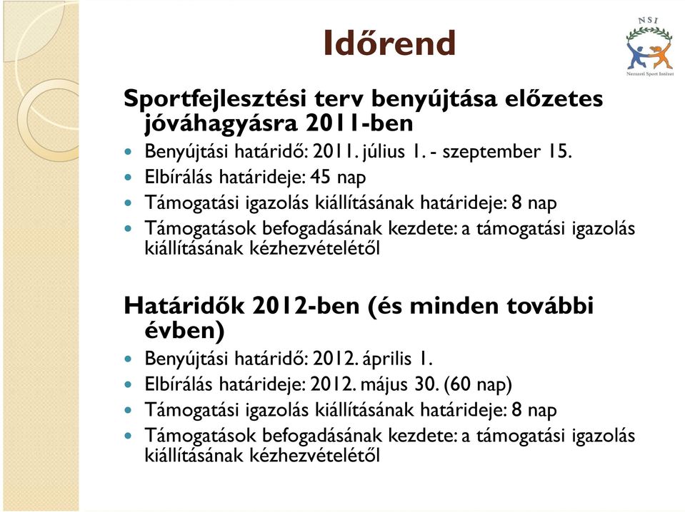 kiállításának kézhezvételétől Határidők 2012-ben (és minden további évben) Benyújtási határidő: 2012. április 1. Elbírálás határideje: 2012.