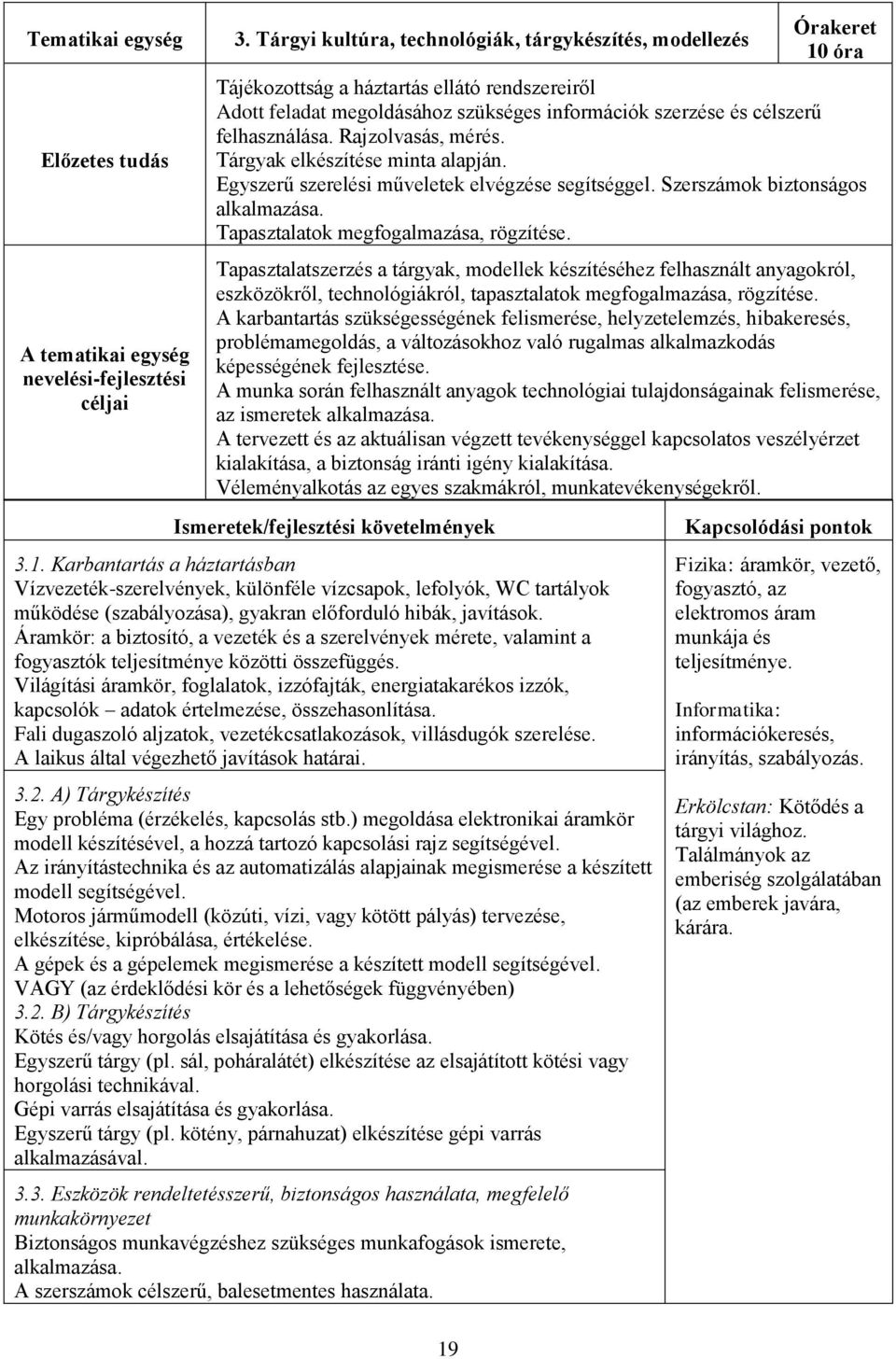 felhasználása. Rajzolvasás, mérés. Tárgyak elkészítése minta alapján. Egyszerű szerelési műveletek elvégzése segítséggel. Szerszámok biztonságos alkalmazása. Tapasztalatok megfogalmazása, rögzítése.