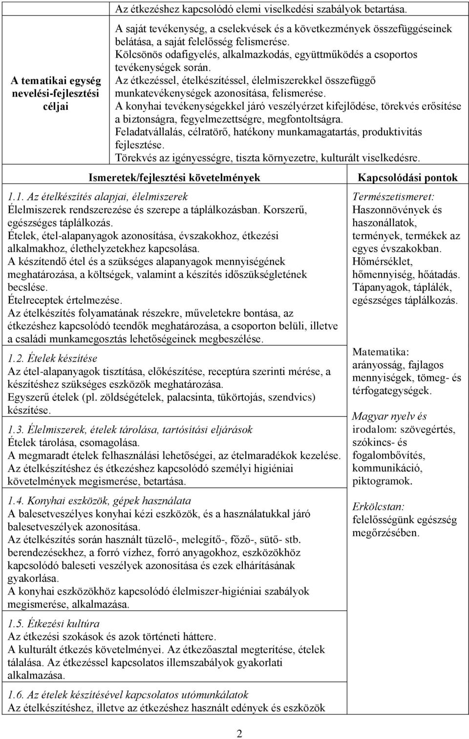 Az étkezéssel, ételkészítéssel, élelmiszerekkel összefüggő munkatevékenységek azonosítása, felismerése.