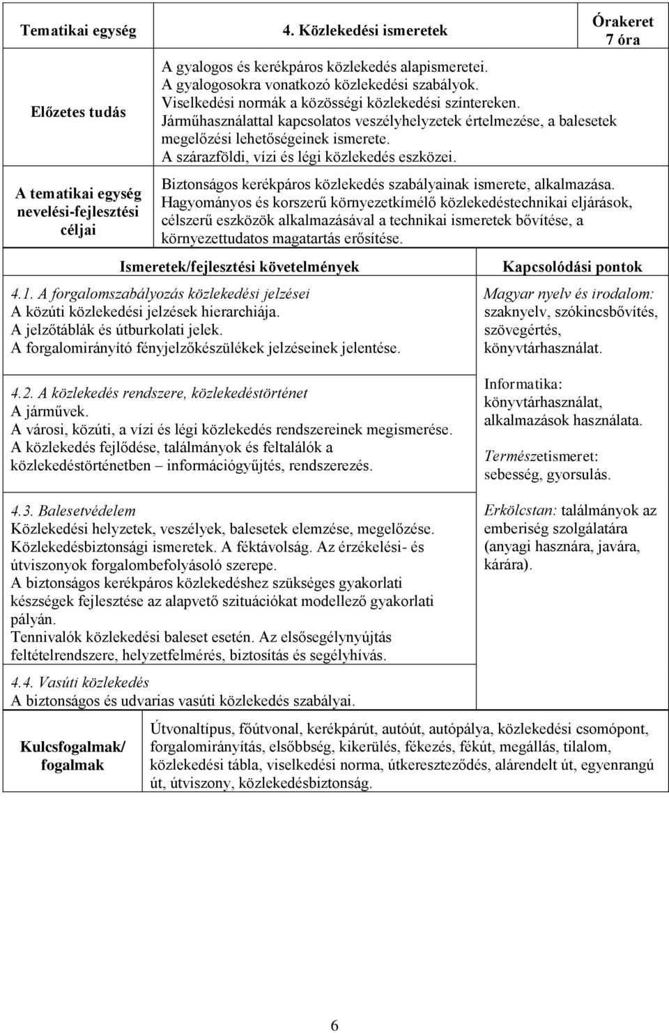 A szárazföldi, vízi és légi közlekedés eszközei. Órakeret 7 óra Biztonságos kerékpáros közlekedés szabályainak ismerete, alkalmazása.