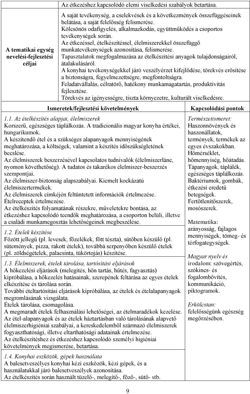 Az étkezéssel, ételkészítéssel, élelmiszerekkel összefüggő munkatevékenységek azonosítása, felismerése. Tapasztalatok megfogalmazása az ételkészítési anyagok tulajdonságairól, átalakulásáról.