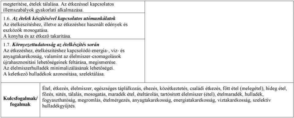 Környezettudatosság az ételkészítés során Az étkezéshez, ételkészítéshez kapcsolódó energia-, víz- és anyagtakarékosság, valamint az élelmiszer-csomagolások újrahasznosítási lehetőségeinek feltárása,