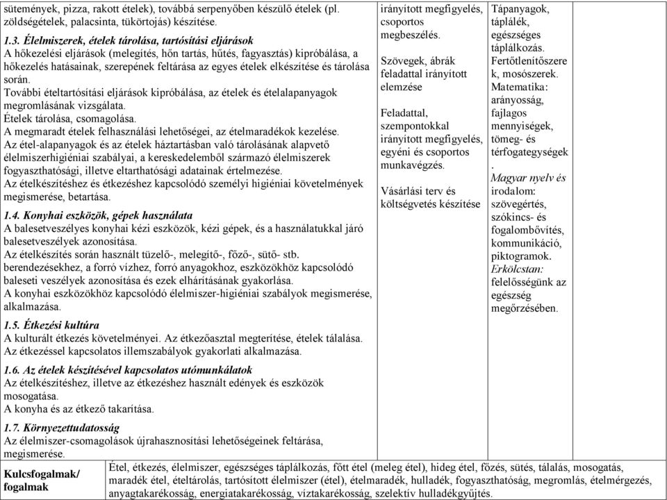 elkészítése és tárolása során. További ételtartósítási eljárások kipróbálása, az ételek és ételalapanyagok megromlásának vizsgálata. Ételek tárolása, csomagolása.