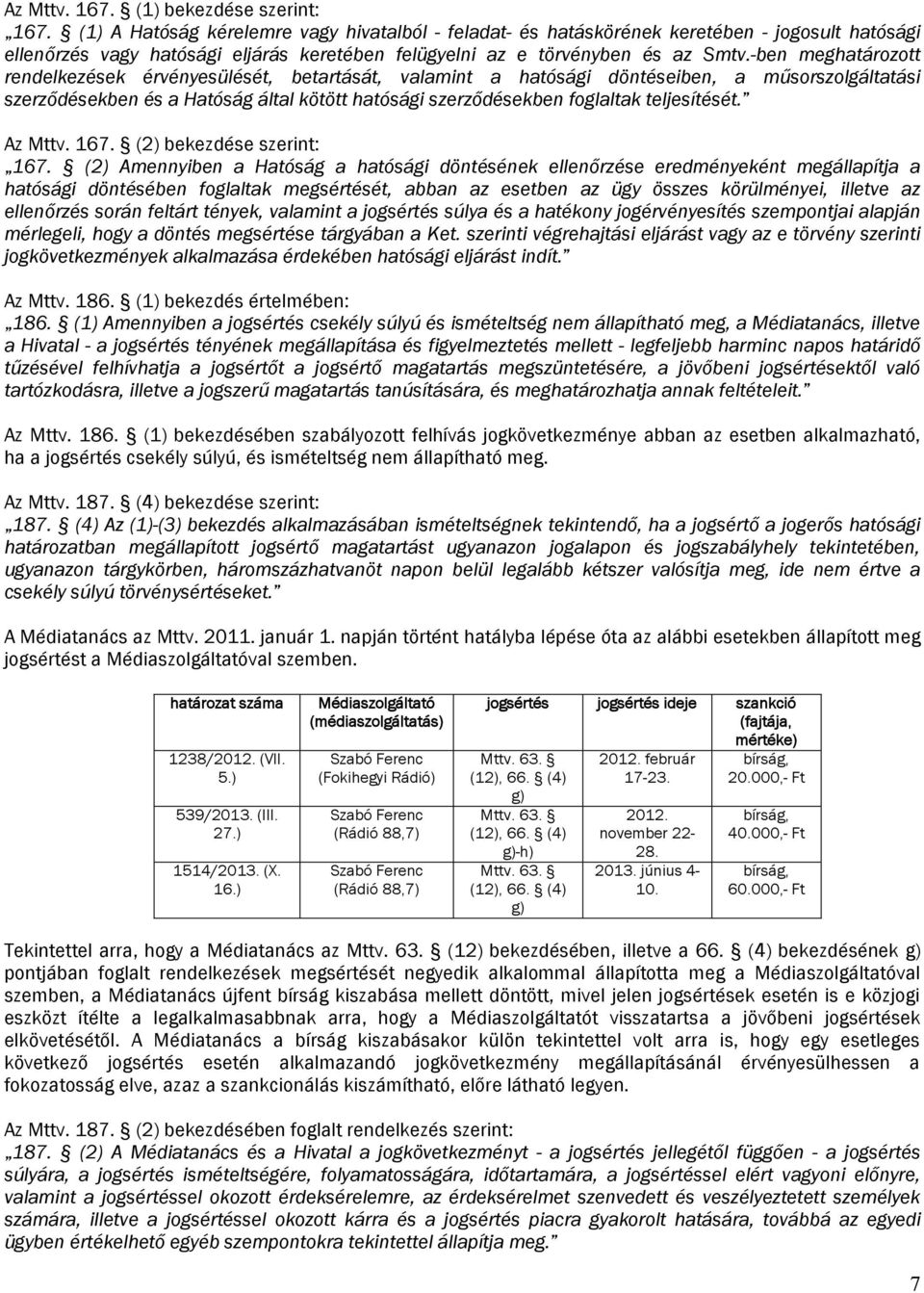 -ben meghatározott rendelkezések érvényesülését, betartását, valamint a hatósági döntéseiben, a műsorszolgáltatási szerződésekben és a Hatóság által kötött hatósági szerződésekben foglaltak