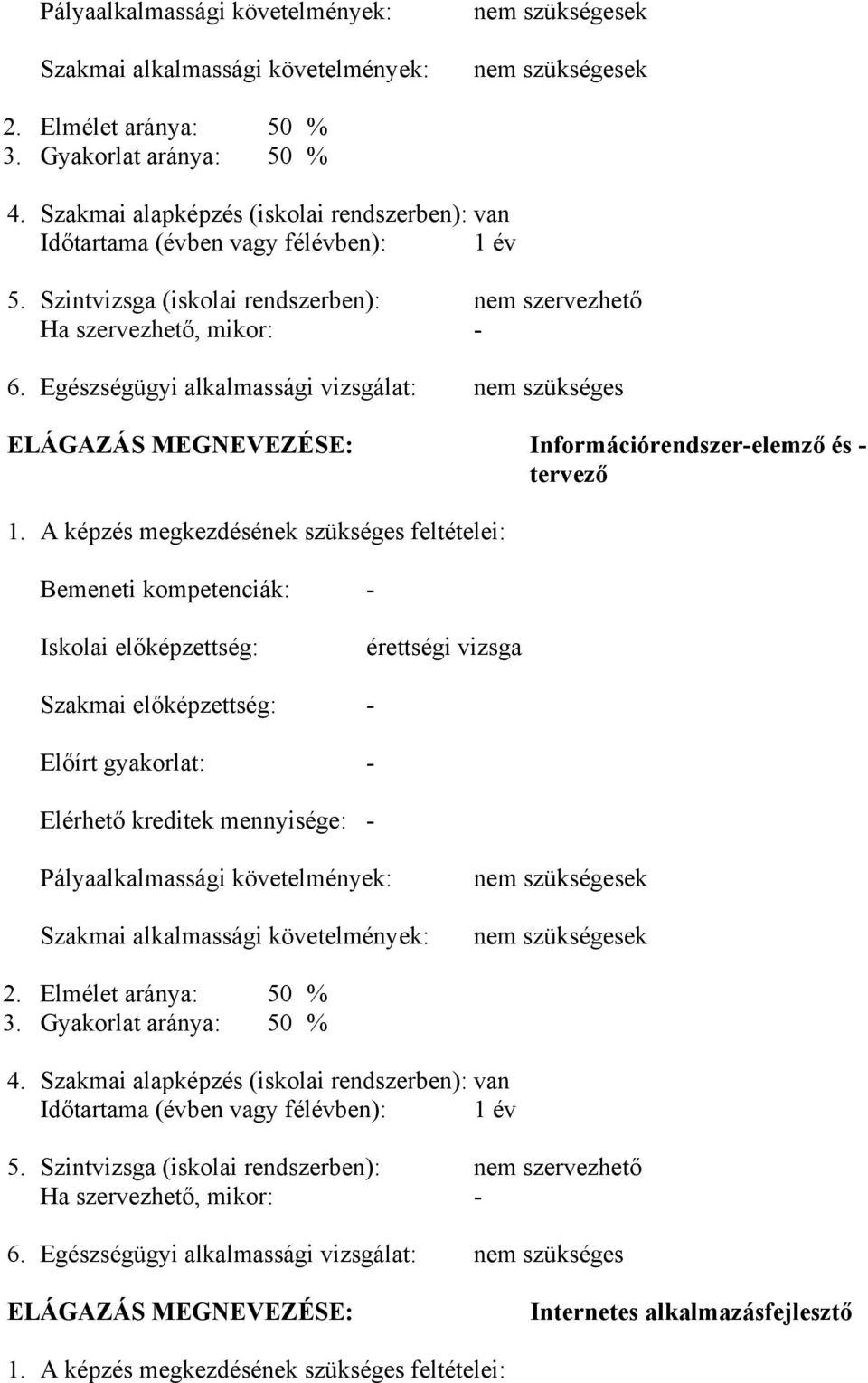 Egészségügyi alkalmassági vizsgálat: nem szükséges ELÁGAZÁS MEGNEVEZÉSE: Információrendszer-elemző és - tervező 1.