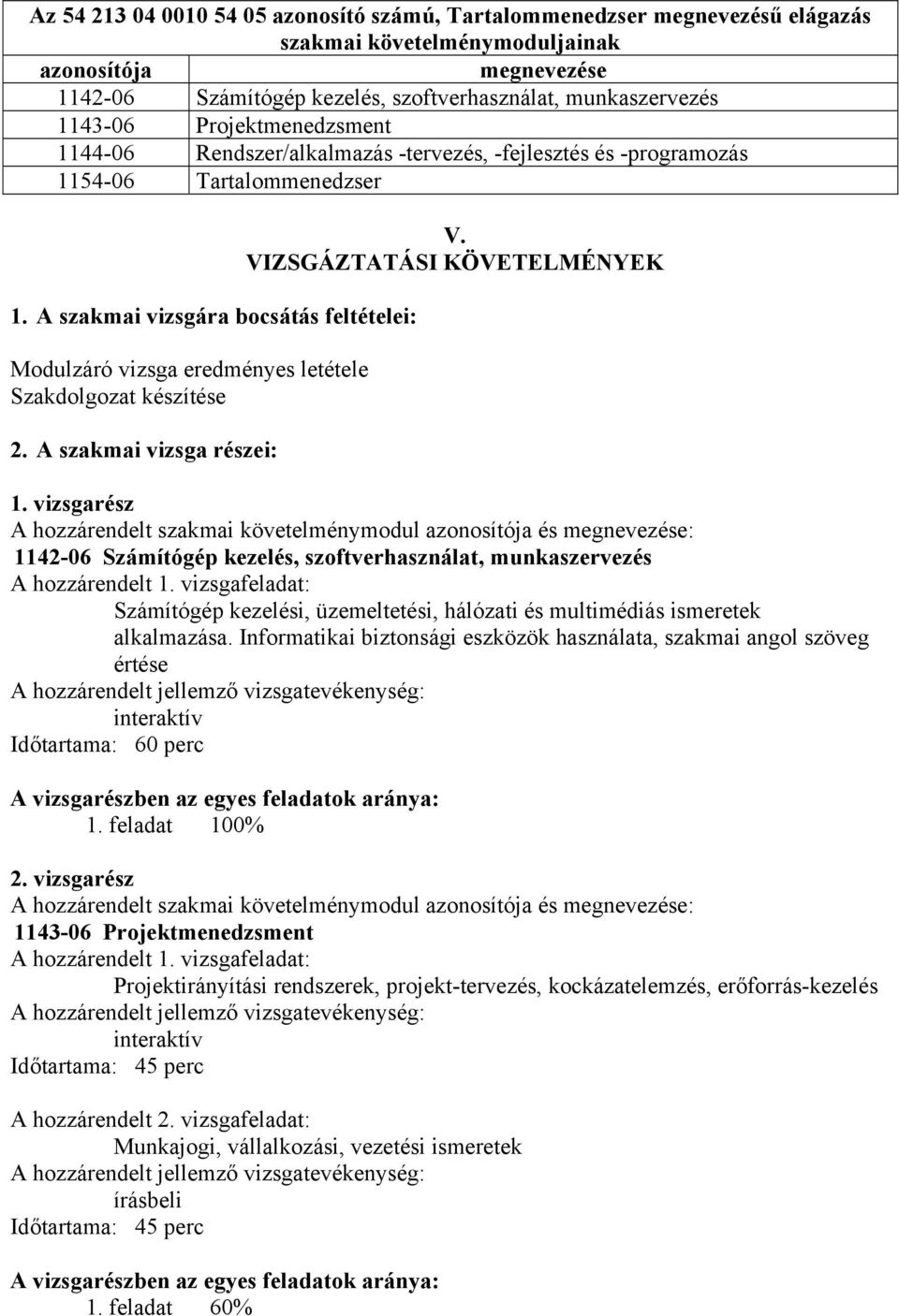 A szakmai vizsgára bocsátás feltételei: Modulzáró vizsga eredményes letétele Szakdolgozat készítése 2. A szakmai vizsga részei: V. VIZSGÁZTATÁSI KÖVETELMÉNYEK 1.