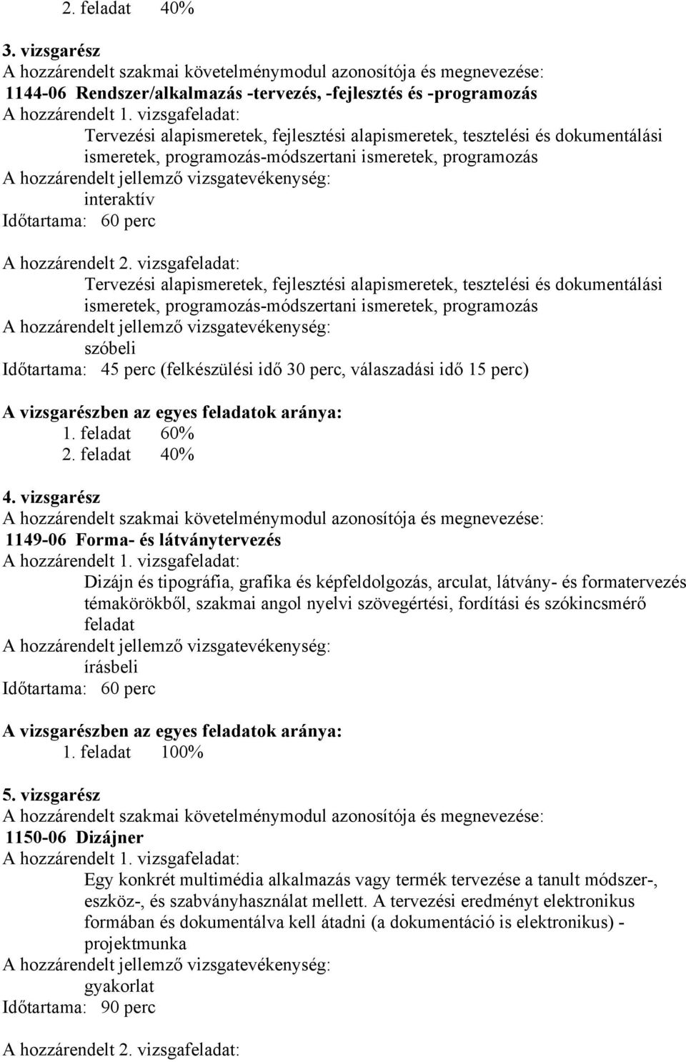 2. vizsgafeladat: Tervezési alapismeretek, fejlesztési alapismeretek, tesztelési és dokumentálási ismeretek, programozás-módszertani ismeretek, programozás szóbeli Időtartama: 45 perc (felkészülési