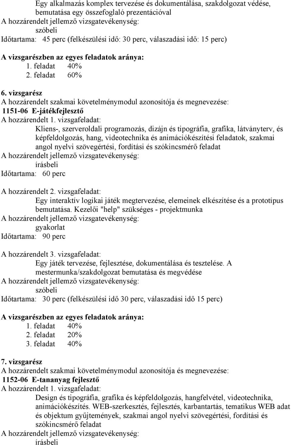 vizsgafeladat: Kliens-, szerveroldali programozás, dizájn és tipográfia, grafika, látványterv, és képfeldolgozás, hang, videotechnika és animációkészítési feladatok, szakmai angol nyelvi