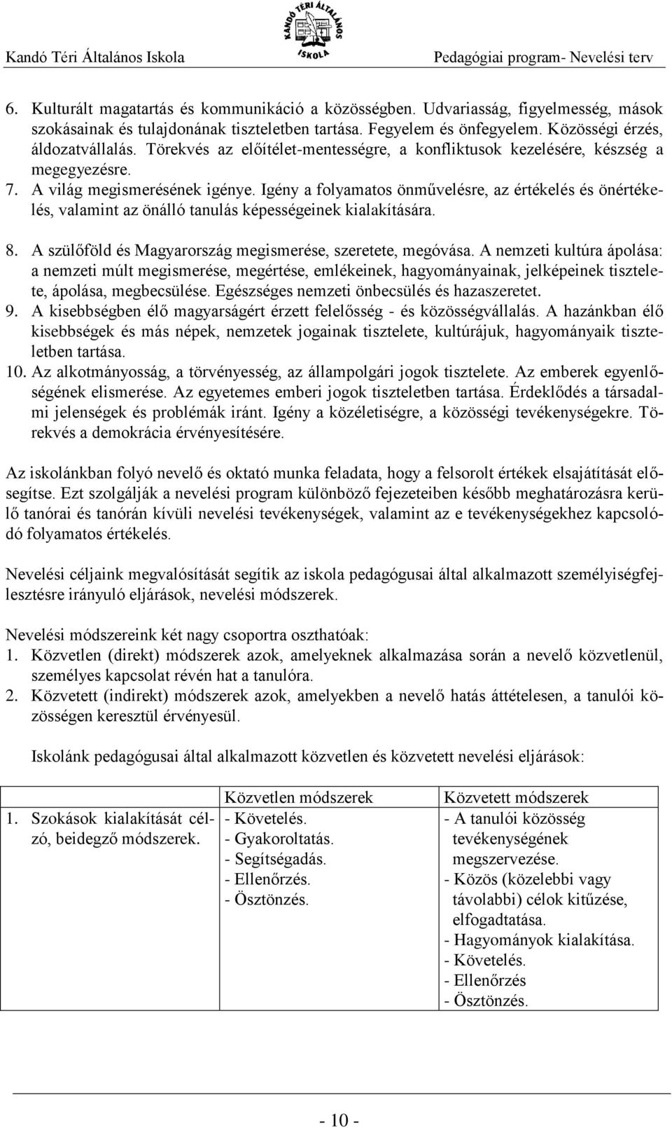 Igény a folyamatos önművelésre, az értékelés és önértékelés, valamint az önálló tanulás képességeinek kialakítására. 8. A szülőföld és Magyarország megismerése, szeretete, megóvása.