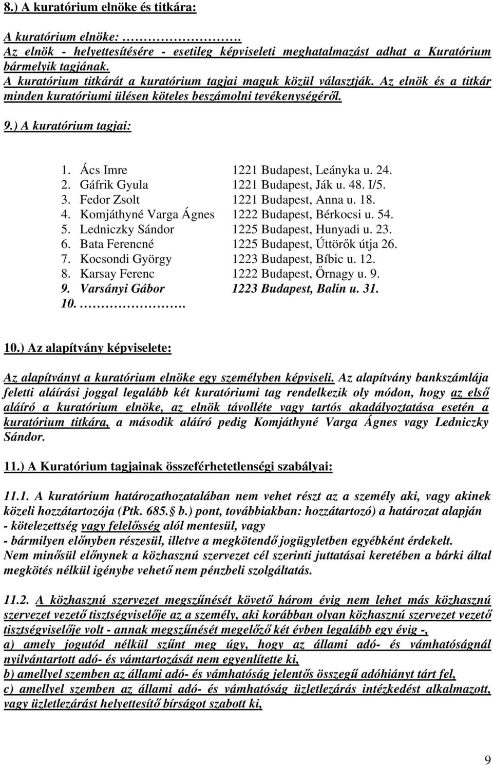 Ács Imre 1221 Budapest, Leányka u. 24. 2. Gáfrik Gyula 1221 Budapest, Ják u. 48. I/5. 3. Fedor Zsolt 1221 Budapest, Anna u. 18. 4. Komjáthyné Varga Ágnes 1222 Budapest, Bérkocsi u. 54