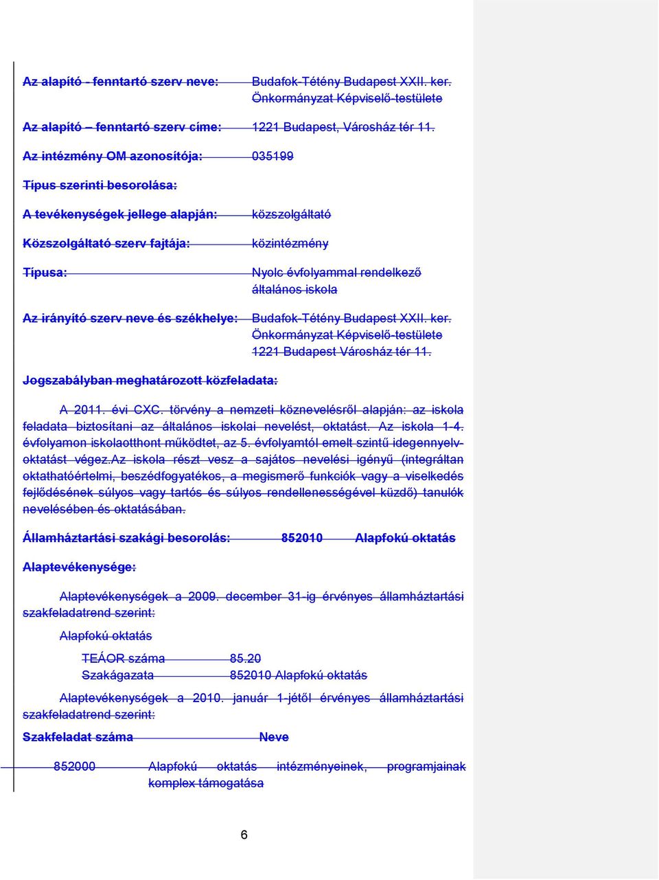 Az irányító szerv neve és székhelye: Budafk-Tétény Budapest XXII. ker. Önkrmányzat Képviselı-testülete 1221 Budapest Vársház tér 11. Jgszabályban meghatárztt közfeladata: A 2011. évi CXC.