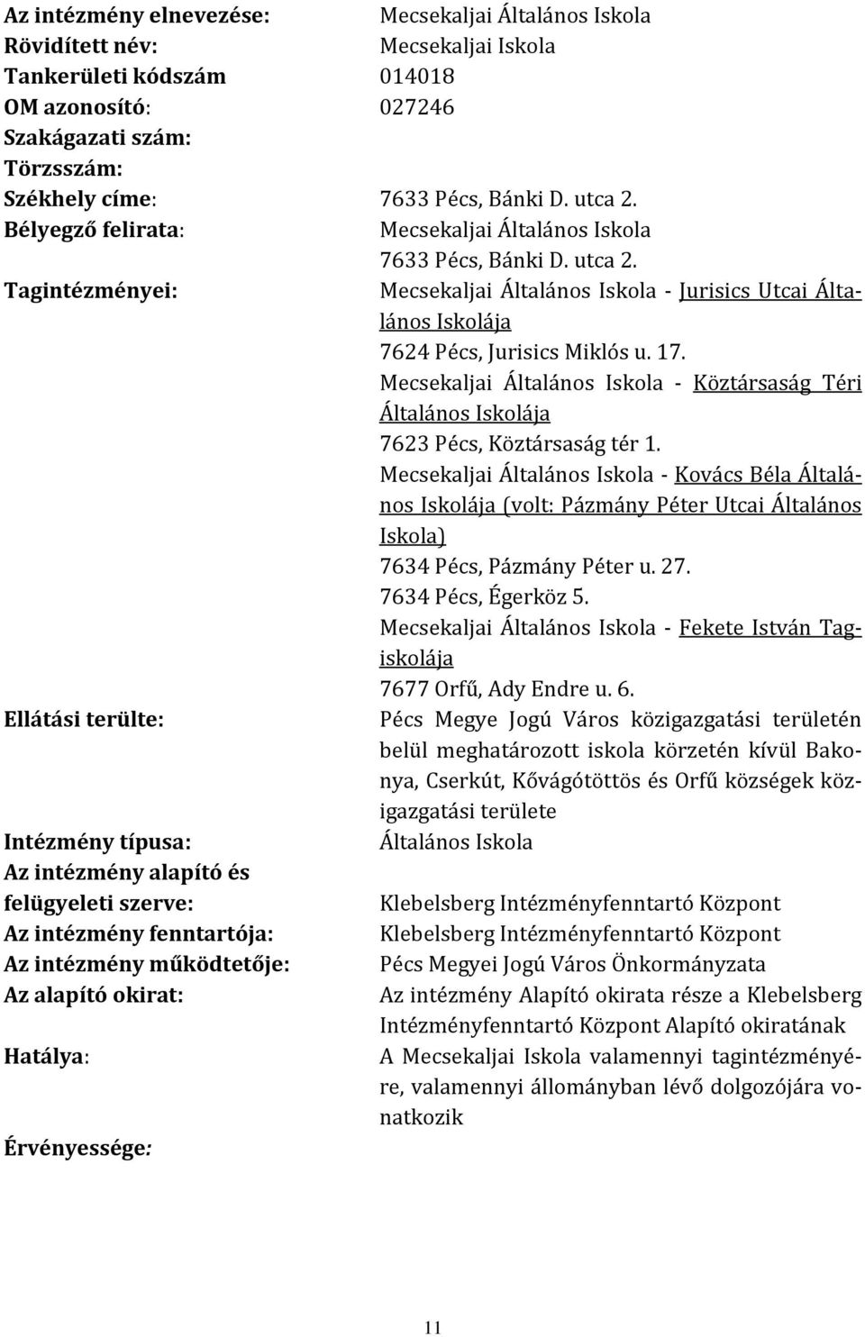Mecsekaljai Általános Iskola - Köztársaság Téri Általános Iskolája 7623 Pécs, Köztársaság tér 1.