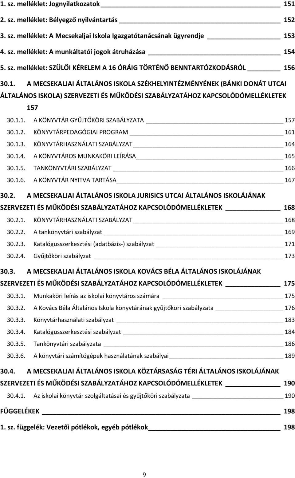 1.1. A KÖNYVTÁR GYŰJTŐKÖRI SZABÁLYZATA 157 30.1.2. KÖNYVTÁRPEDAGÓGIAI PROGRAM 161 30.1.3. KÖNYVTÁRHASZNÁLATI SZABÁLYZAT 164 30.1.4. A KÖNYVTÁROS MUNKAKÖRI LEÍRÁSA 165 30.1.5. TANKÖNYVTÁRI SZABÁLYZAT 166 30.