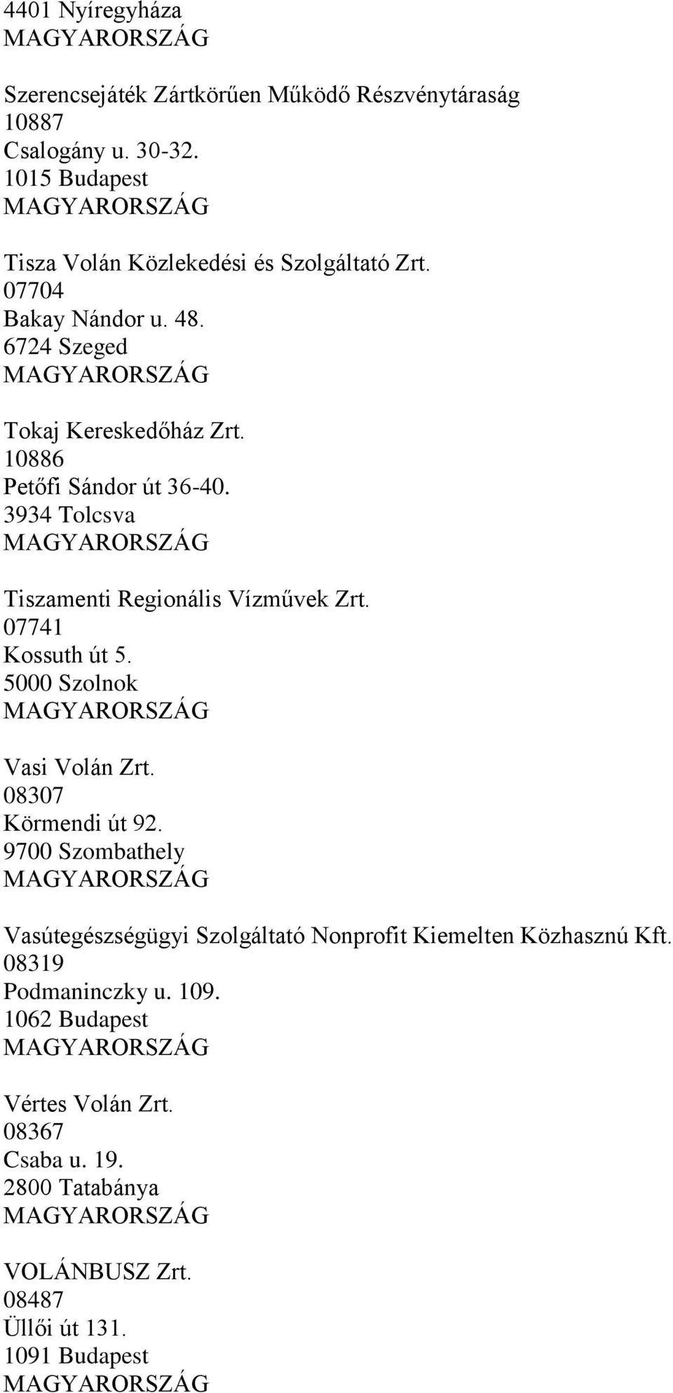 10886 Petőfi Sándor út 36-40. 3934 Tolcsva Tiszamenti Regionális Vízművek Zrt. 07741 Kossuth út 5. 5000 Szolnok Vasi Volán Zrt.