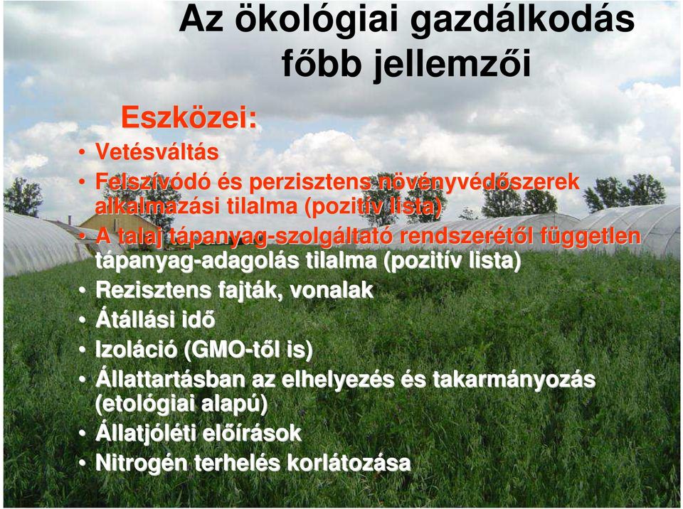 tápanyag-adagolás s tilalma (pozitív v lista) Rezisztens fajták, vonalak Átállási idő Izoláci ció (GMO-től l is)