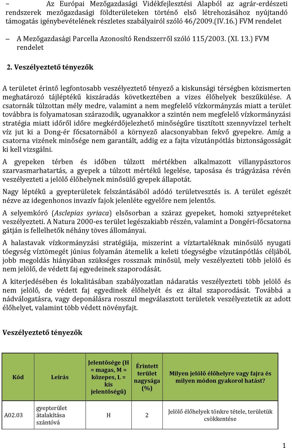 Veszélyeztető tényezők A területet érintő legfontosabb veszélyeztető tényező a kiskunsági térségben közismerten meghatározó tájléptékű kiszáradás következtében a vizes élőhelyek beszűkülése.