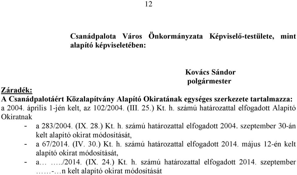 számú határozattal elfogadott Alapító Okiratnak - a 283/2004. (IX. 28.) Kt. h. számú határozattal elfogadott 2004.