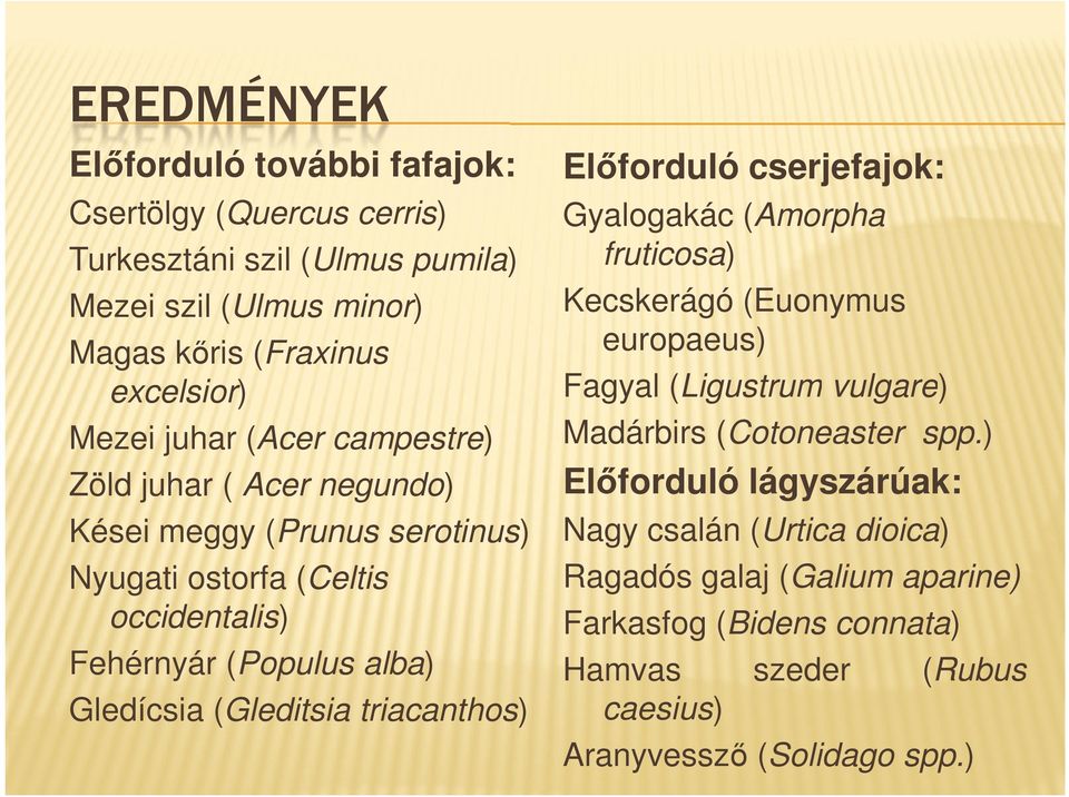 (Populus alba) Gledícsia (Gleditsia triacanthos) Gyalogakác (Amorpha fruticosa) Kecskerágó (Euonymus europaeus) Fagyal (Ligustrum vulgare) Madárbirs (Cotoneaster