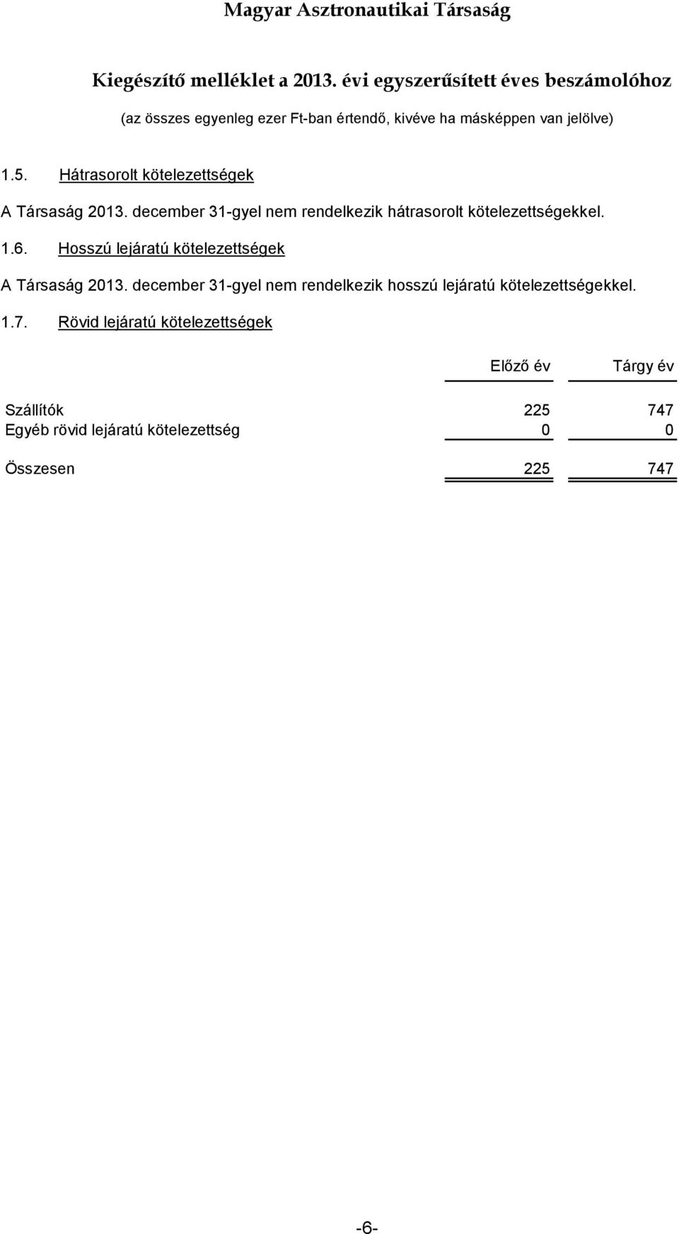 Hosszú lejáratú kötelezettségek A Társaság 2013.