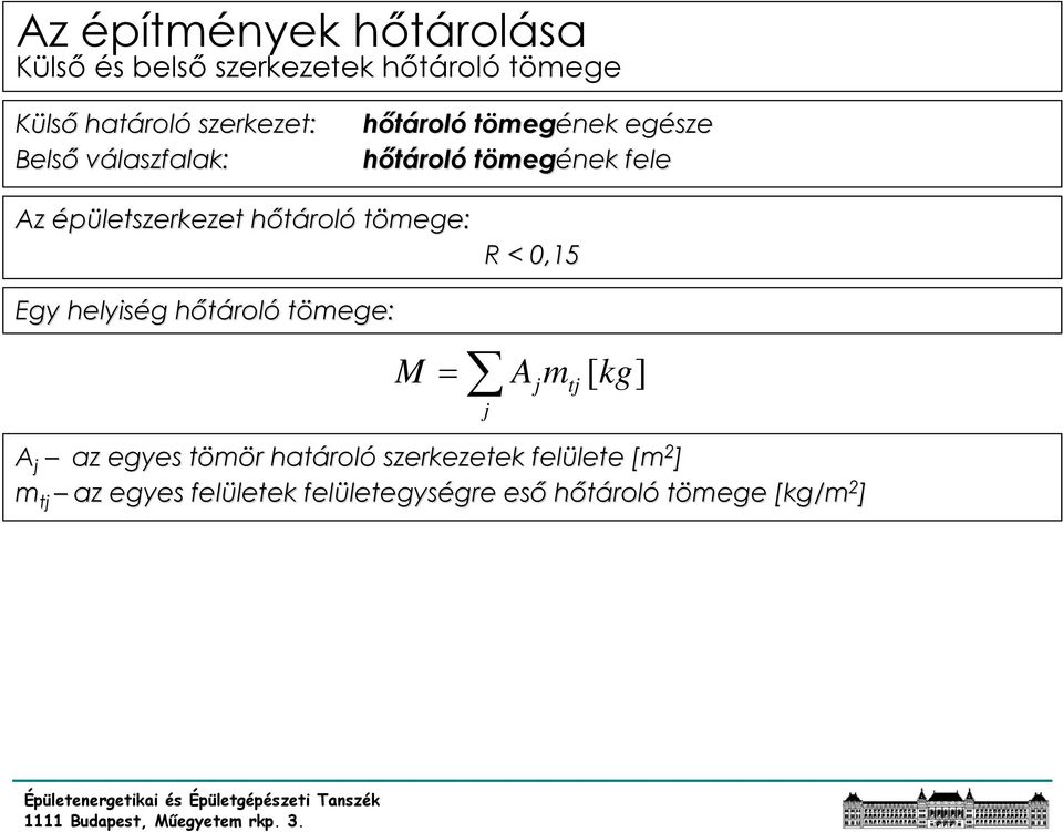 0,15 Egy helyiség g hőtárolh roló tömege: M = j A m j tj [kg] A j az egyes tömör t r határol roló