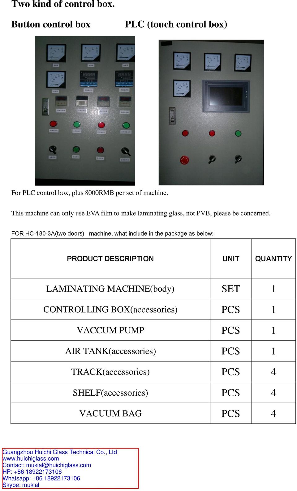 FOR HC-180-3A(two doors) machine, what include in the package as below: PRODUCT DESCRIPTION UNIT QUANTITY LAMINATING