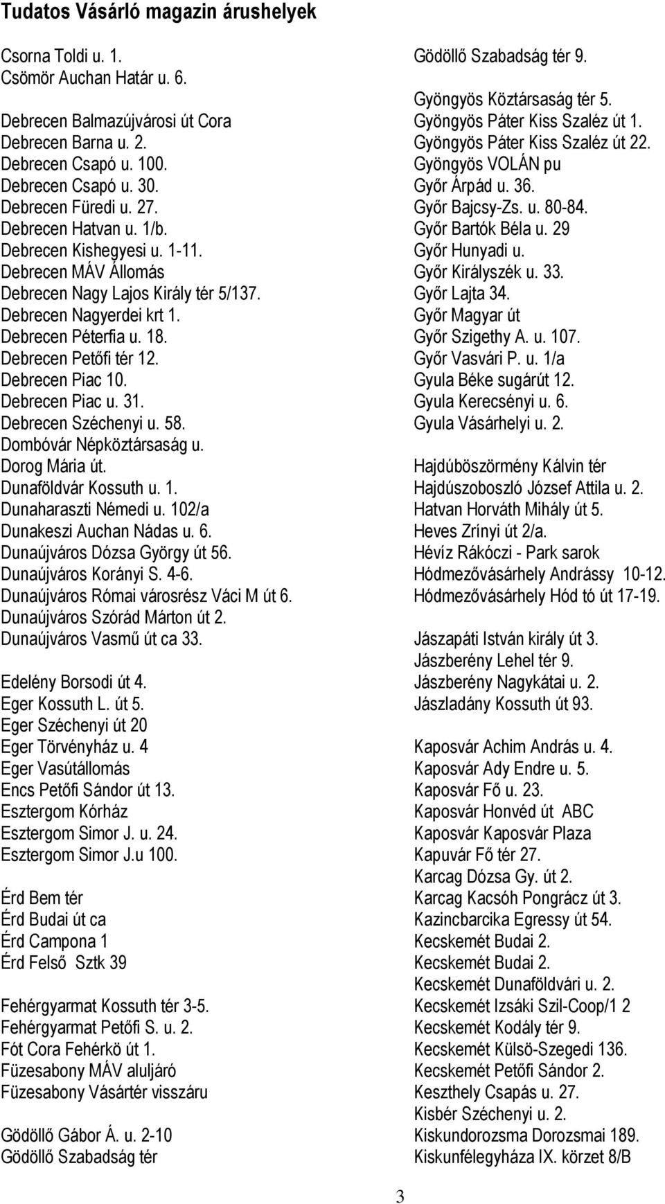 31. Debrecen Széchenyi u. 58. Dombóvár Népköztársaság u. Dorog Mária út. Dunaföldvár Kossuth u. 1. Dunaharaszti Némedi u. 102/a Dunakeszi Auchan Nádas u. 6. Dunaújváros Dózsa György út 56.