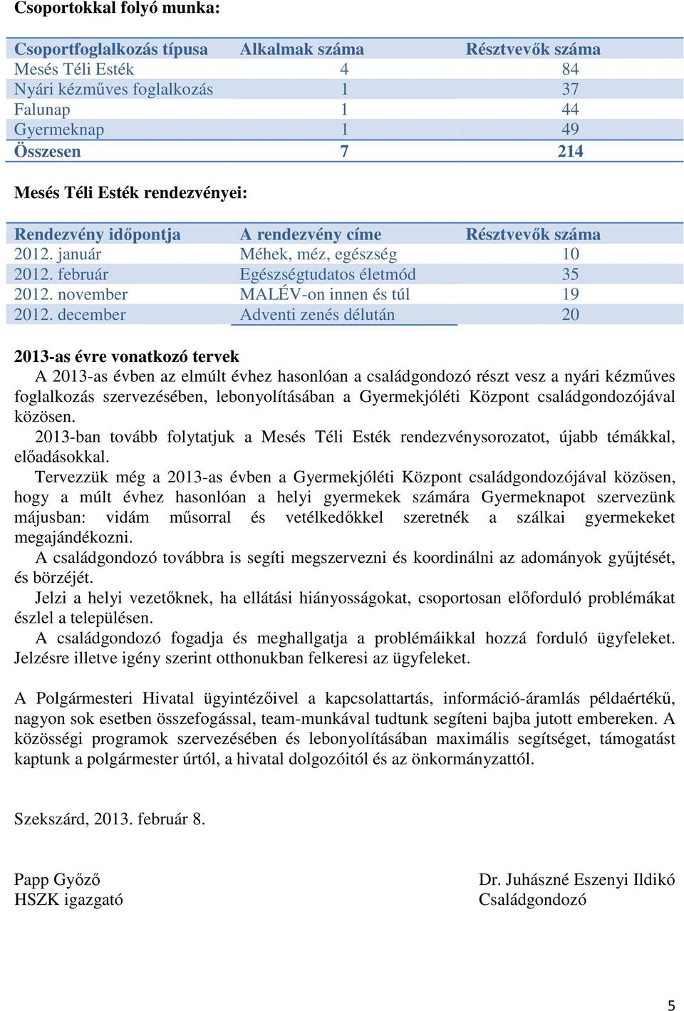 december Adventi zenés délután 20 2013-as évre vonatkozó tervek A 2013-as évben az elmúlt évhez hasonlóan a családgondozó részt vesz a nyári kézműves foglalkozás szervezésében, lebonyolításában a