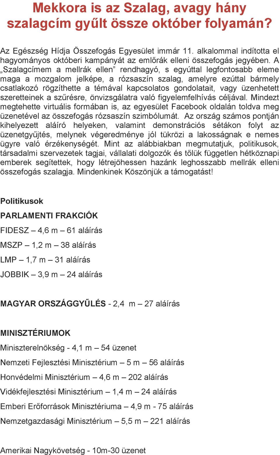 A Szalagcímem a mellrák ellen rendhagyó, s egyúttal legfontosabb eleme maga a mozgalom jelképe, a rózsaszín szalag, amelyre ezúttal bármely csatlakozó rögzíthette a témával kapcsolatos gondolatait,