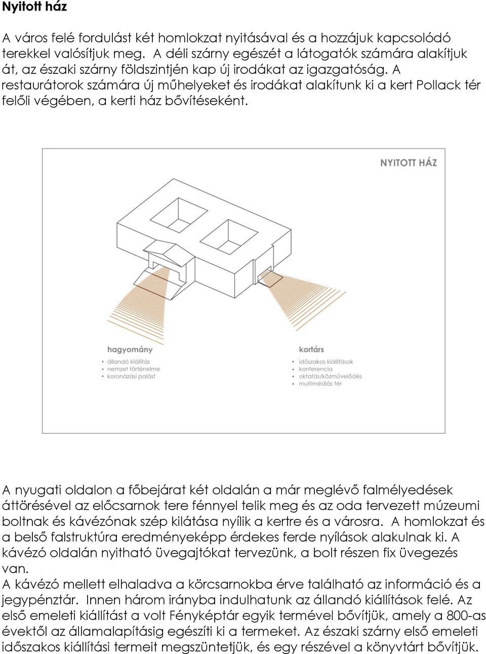 A restaurátorok számára új műhelyeket és irodákat alakítunk ki a kert Pollack tér felőli végében, a kerti ház bővítéseként.