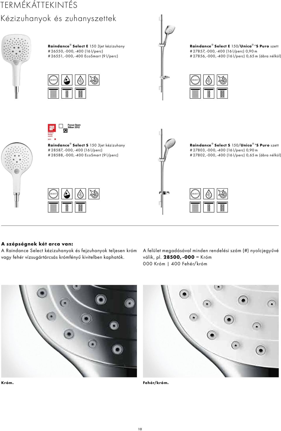 l/perc) Raindance Select S 150/Unica S Puro szett # 27803, -000, -400 (16 l/perc) 0,90 m # 27802, -000, -400 (16 l/perc) 0,65 m (ábra nélkül) A szépségnek két arca van: A Raindance Select