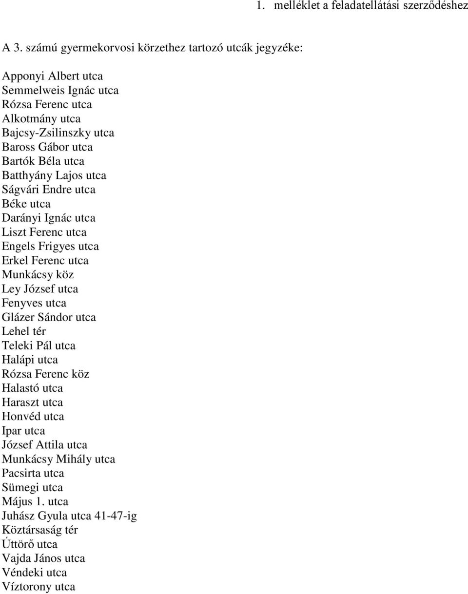 Bartók Béla utca Batthyány Lajos utca Ságvári Endre utca Béke utca Darányi Ignác utca Liszt Ferenc utca Engels Frigyes utca Erkel Ferenc utca Munkácsy köz Ley József utca