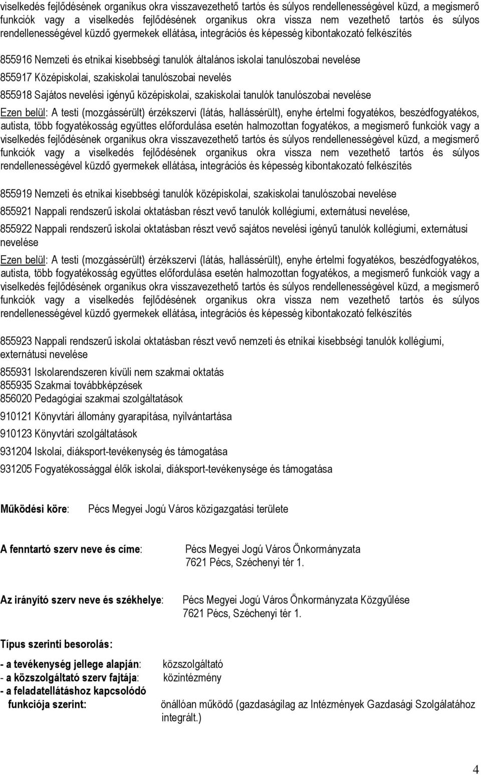 externátusi nevelése, 855922 Nappali rendszerű iskolai oktatásban részt vevő sajátos nevelési igényű tanulók kollégiumi, externátusi nevelése 855923 Nappali rendszerű iskolai oktatásban részt vevő