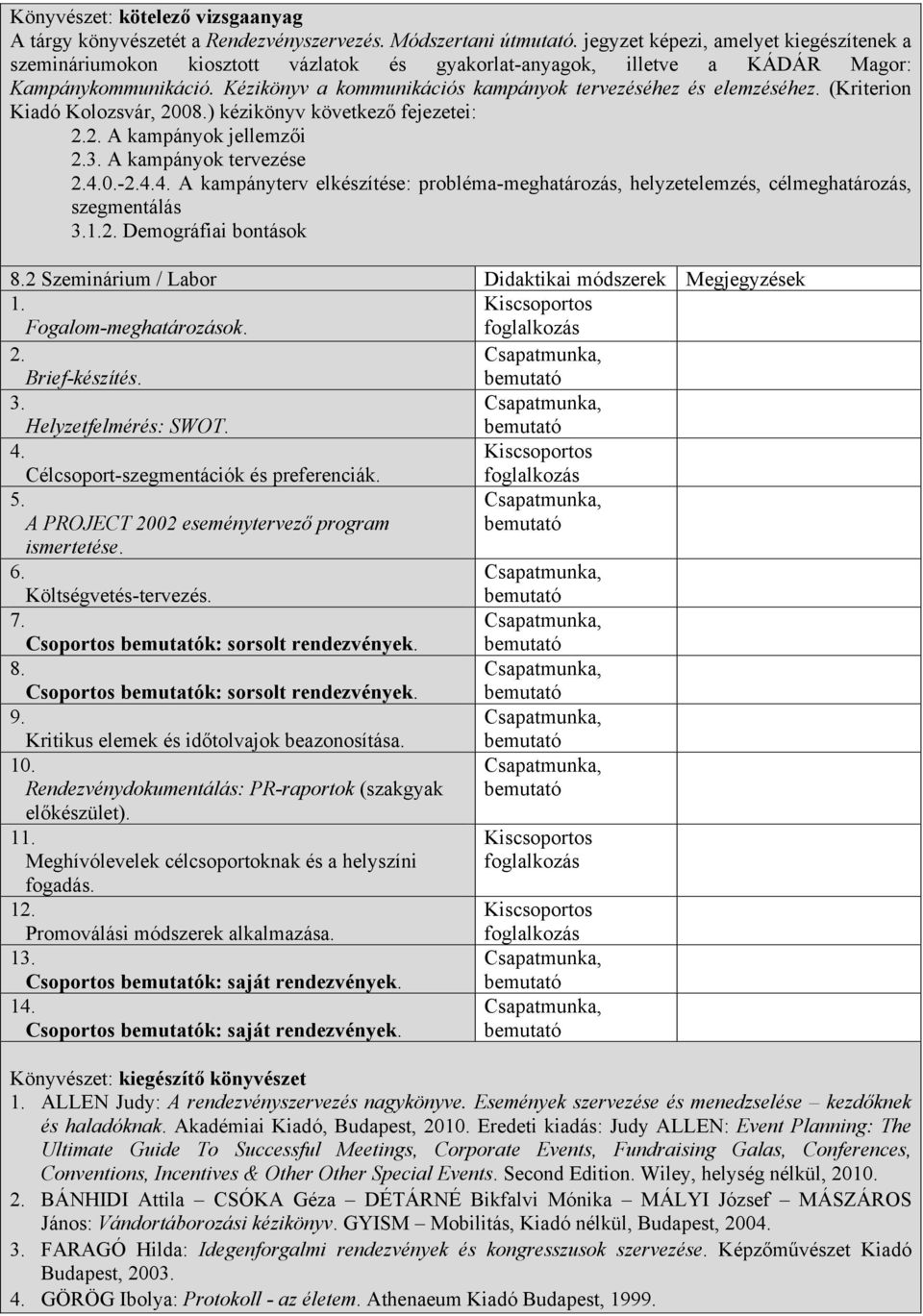 Kézikönyv a kommunikációs kampányok tervezéséhez és elemzéséhez. (Kriterion Kiadó Kolozsvár, 2008.) kézikönyv következő fejezetei: 2.2. A kampányok jellemzői 2.3. A kampányok tervezése 2.4.