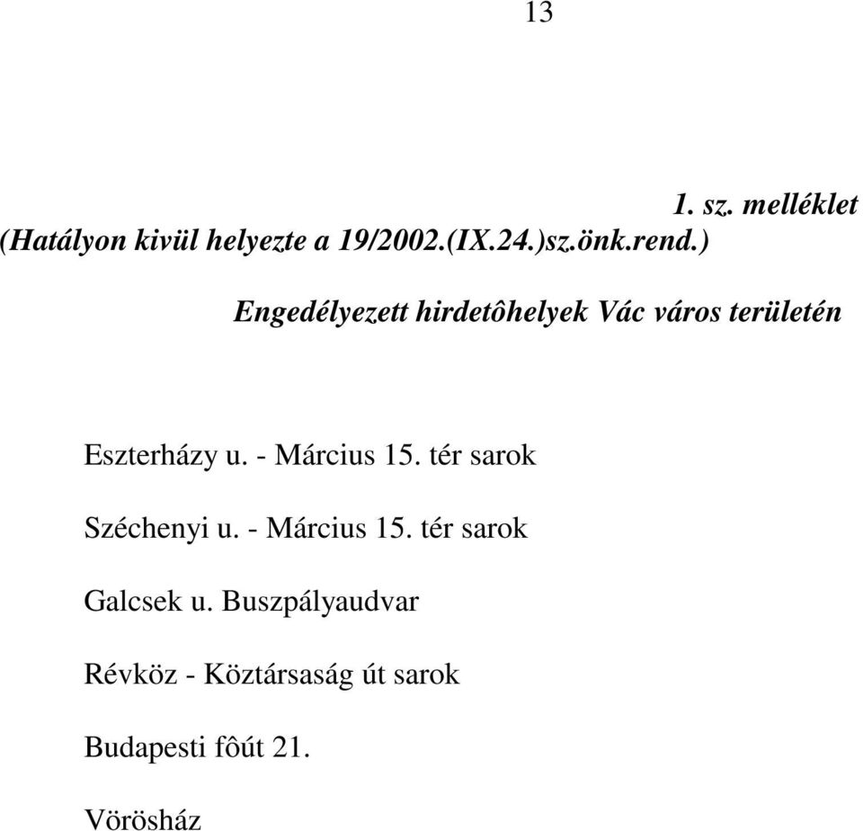 - Március 15. tér sarok Széchenyi u. - Március 15. tér sarok Galcsek u.