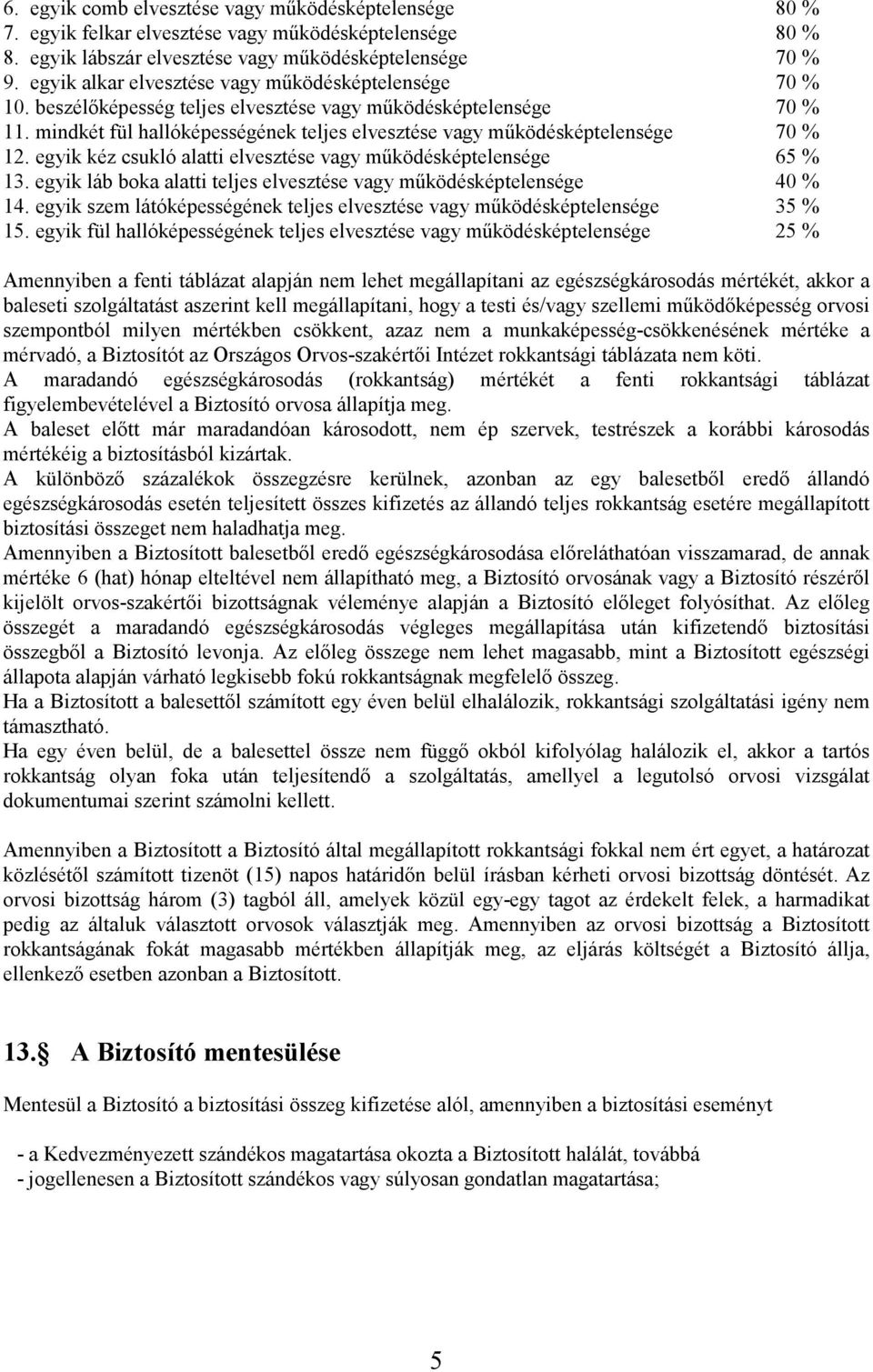 mindkét fül hallóképességének teljes elvesztése vagy mőködésképtelensége 70 % 12. egyik kéz csukló alatti elvesztése vagy mőködésképtelensége 65 % 13.