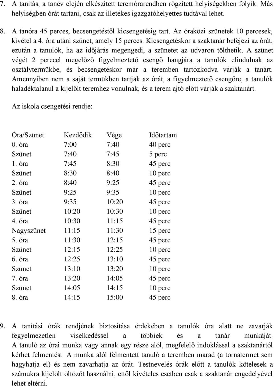Kicsengetéskor a szaktanár befejezi az órát, ezután a tanulók, ha az időjárás megengedi, a szünetet az udvaron tölthetik.